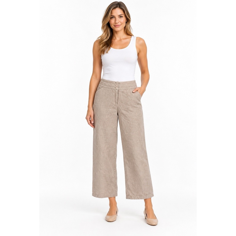 Cato Women's 14P Linen Blend Wide Leg Crop Pants Beige Coastal 26" Resort